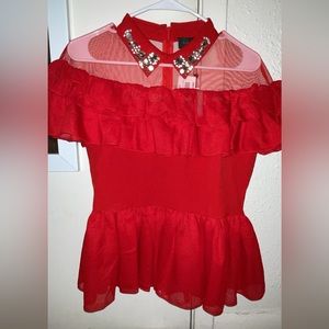 Gracia Jewel Collar Ruffle Peplum Top